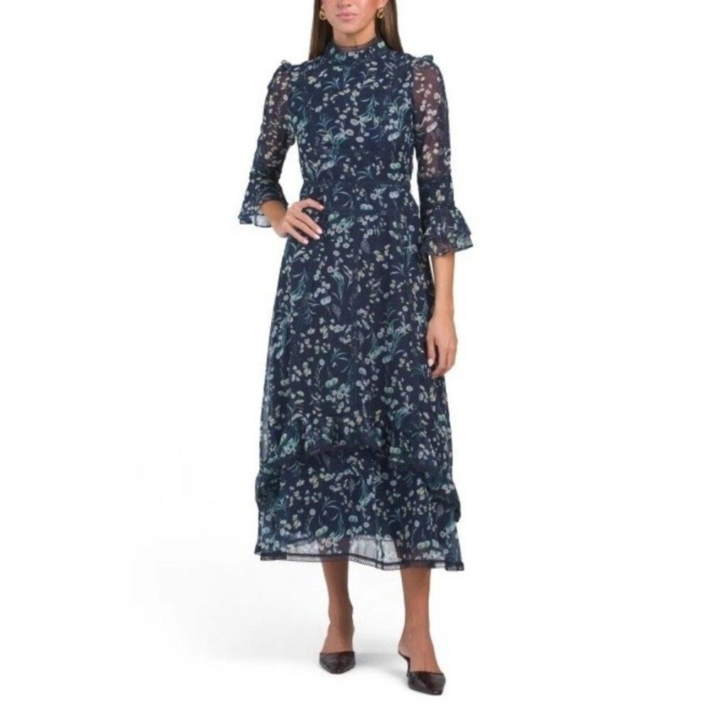 Dalia McPhee Midi Dress Floral Navy Blue Size Large - Picture 4 of 16